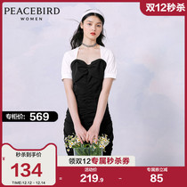 Taiping bird stitching pleated slim waist dress women 2021 summer new square collar sweet cool wind small black dress