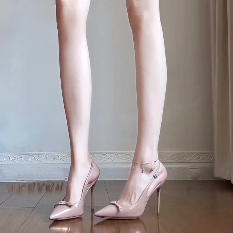 Summer 2026 New Nude High-Heeled Shoes for Women, Elegant and Comfortable, Stiletto Heels, Bow-Knot Patent Leather Closed-Toe Sandals