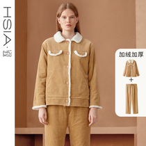 HSIA ya plus velvet thick warm home clothing set retro corduroy can wear long sleeve pajamas women autumn and winter