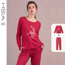 HSIA ya round neck loose long sleeve pajamas women comfortable straight pajama pants can be worn outside cotton home suit women