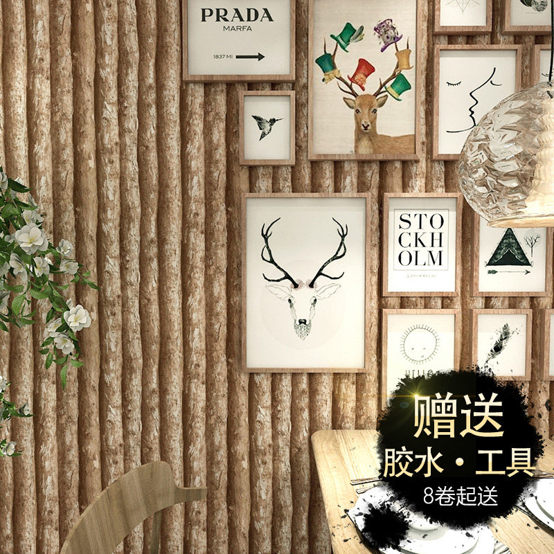 復古懷舊仿真木板樹皮壁紙中式飯店飯廳服裝理髲店背景木紋壁紙
