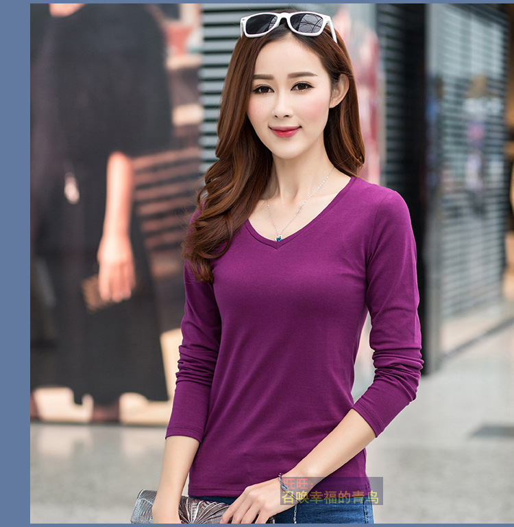 Áo thun mùa thu và mùa đông cho phụ nữ cổ chữ V màu sắc hoang dã Áo thun dài tay phiên bản Hàn Quốc của quần áo bên trong áo sơ mi nữ size lớn áo thun đen nữ