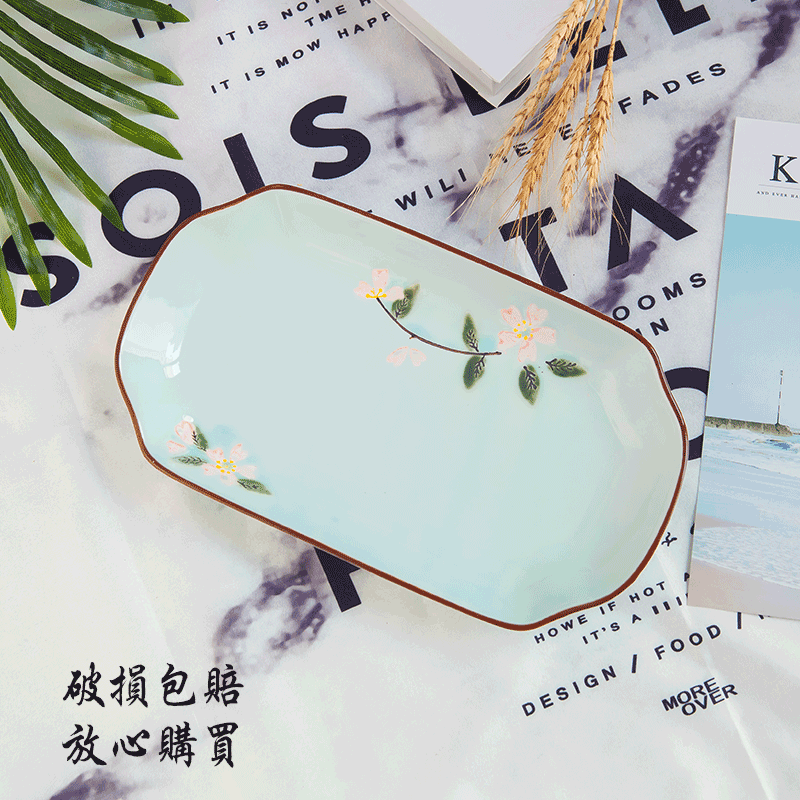 Fish plate large household ceramic steamed fish plate creative rectangular plate can be microwaved large dinner plate