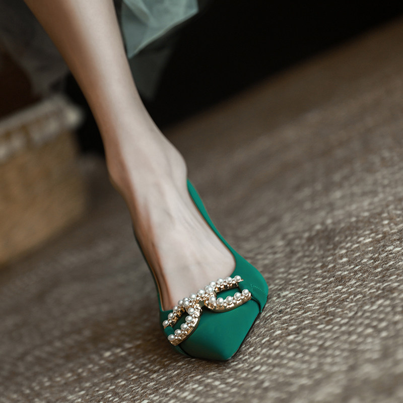 Boomer Korean Version Temperament Genuine Leather Fine Heel Single Shoes Woman 2022 Spring New Women Shoes 100 Hitch Pointed Pearls High Heel Shoes