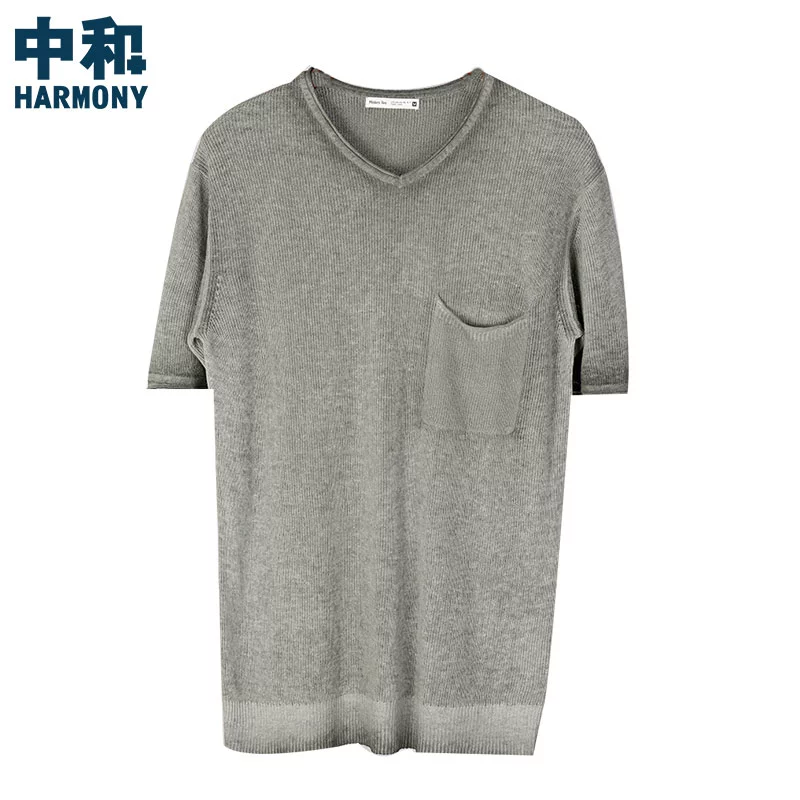 Zhonghe giản dị mùa hè nam túi ngực áo len cổ chữ v ngắn tay thun thun cotton thoáng khí và vải lanh 8795 - Cặp đôi áo len