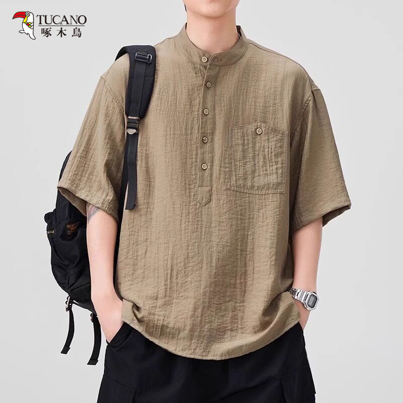 Woodpecker Henry Collar Linen Short-Sleeved T-Shirt for Men, Summer Thin Style, Chinese Retro Loose Casual Half-Sleeve Top