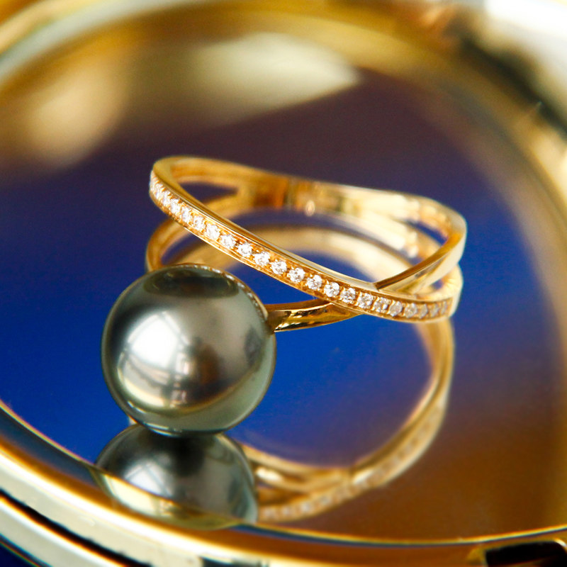 Natural Seawater Great Creek Black Pearl Ring 18K Gold Ring Double Layer Positive Round Bright Light Brief Gift-giving Mom