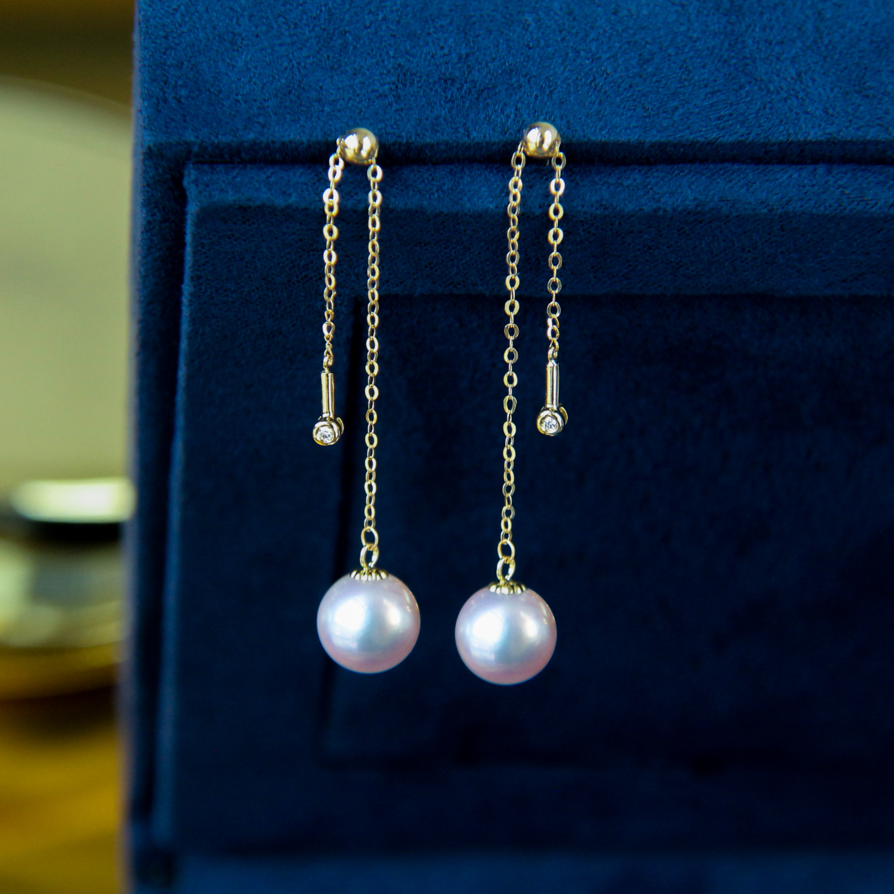 Adjustable Japan akoya pearl ear line length version 18K gold inlaid diamond seawater pearl earrings earrings earrings