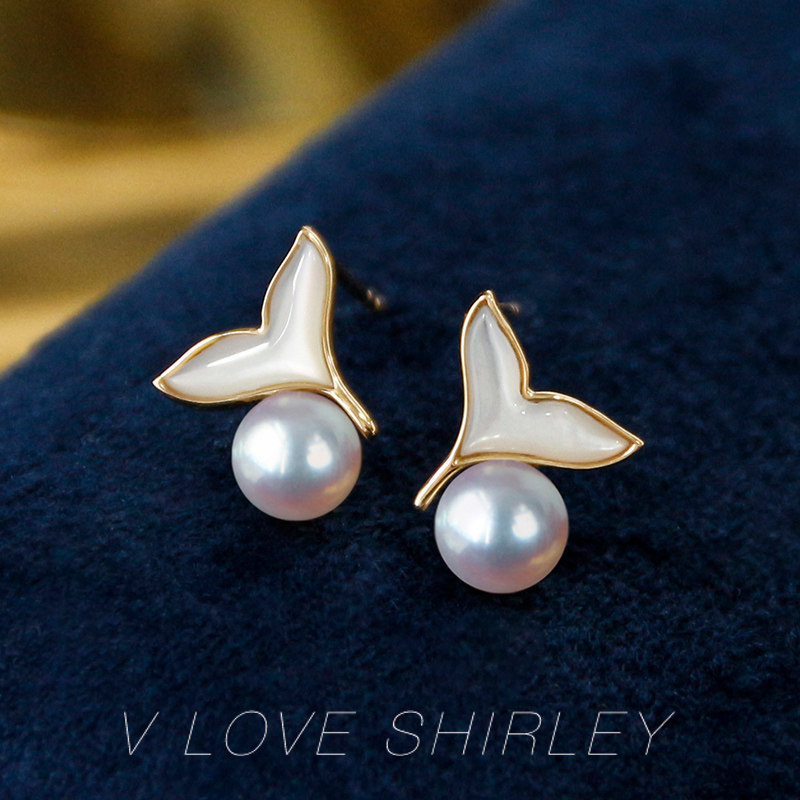 (The fish has you) Japan akoya sea water pearl ear nail 18K gold mother befish tail earrings send girlfriend