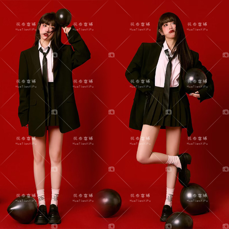 Photo Studio's New Korean-Style Red Atmosphere Sweet and Cool Girl Jk Academy Style Portrait Photo Black Suit Photography Clothing Photo Studio's New Korean-Style Red Atmosphere Sweet and Cool Girl Jk Academy Style Portrait Photo Black Suit Photography Clothing
