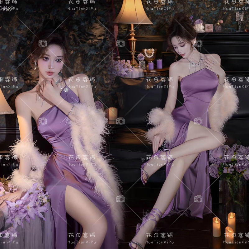 Photo Studio's New Purple Socialite-Style Elegant Dress for Photoshoots, Pure and Artistic Young Girl Outfit