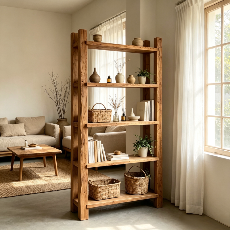 Wabi-Sabi Style Furniture, Solid Wood Display Shelf, Tea Room Bookshelf, Floor-Standing Storage Rack, Living Room Shop Homestay Natural Wood Display Shelf