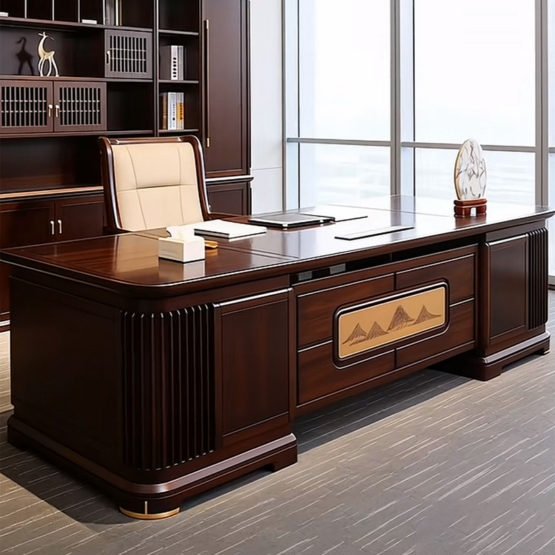 New Chinese-Style Executive Desk, Black Ebony Solid Wood Ceo Desk, Simple Supervisor Desk, Complete Office Set