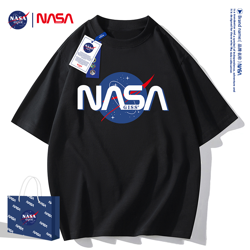 Nasa Co-Branded T-Shirt for Men, Loose Fit, Pure Cotton, Student Couple Outfit, New Summer Style, American Trendy Brand, Letter Print, Short Sleeves