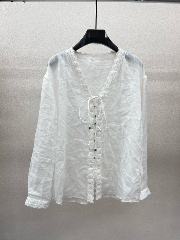 European Style 2026 Summer New Fashion V-Neck Tie Long-Sleeve Shirt for Women, Elegant Versatile Slimming Ramie Top Trendy