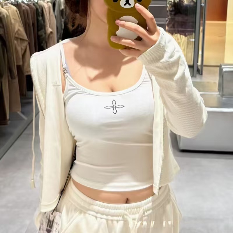 Smfk Cross Stamp Print Fitted Camisole Black Solid Color Adjustable Strap Tank Top Women's Casual Style Thin