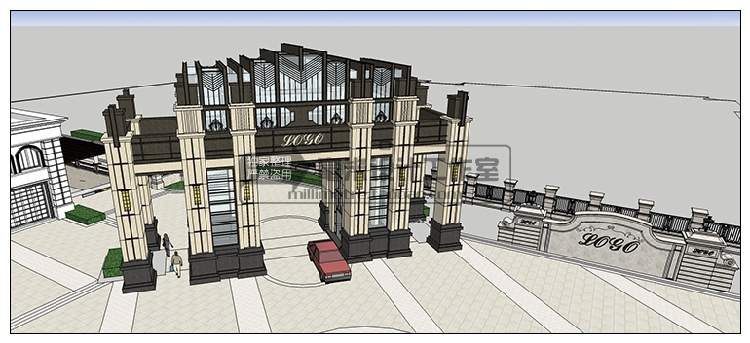 DB08233小区入口大门 SU模型 门卫岗亭中式现代欧式sketchup-15