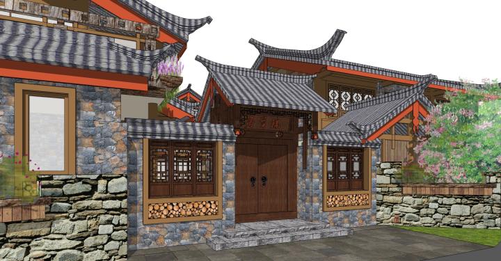 DB08274丽江古镇案例民宿客栈旅店驿站中式古建筑改造SU模型-11