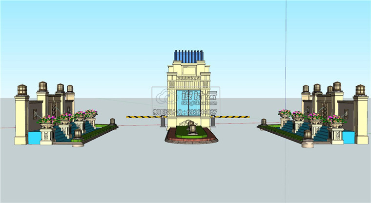 SU00259欧式小区大门居住区门头su经典模型精细建筑方案设计-1