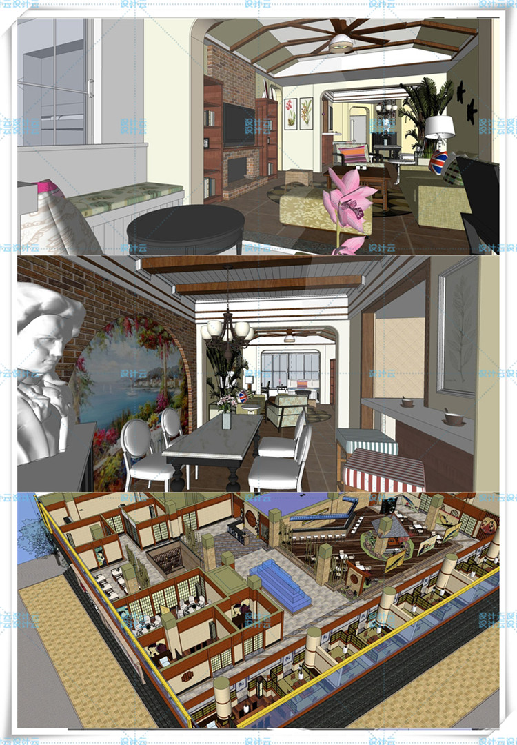 SJ030酒吧餐厅茶室咖啡厅宴会厅SketchUp模型室内工装SU模型-5