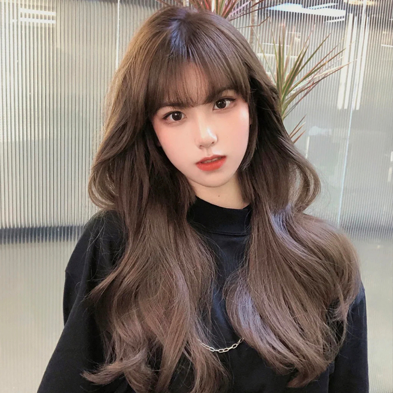 Wig female long hair Long curly hair Big waves net red round face Air bangs simulation human hair simulation full headgear summer