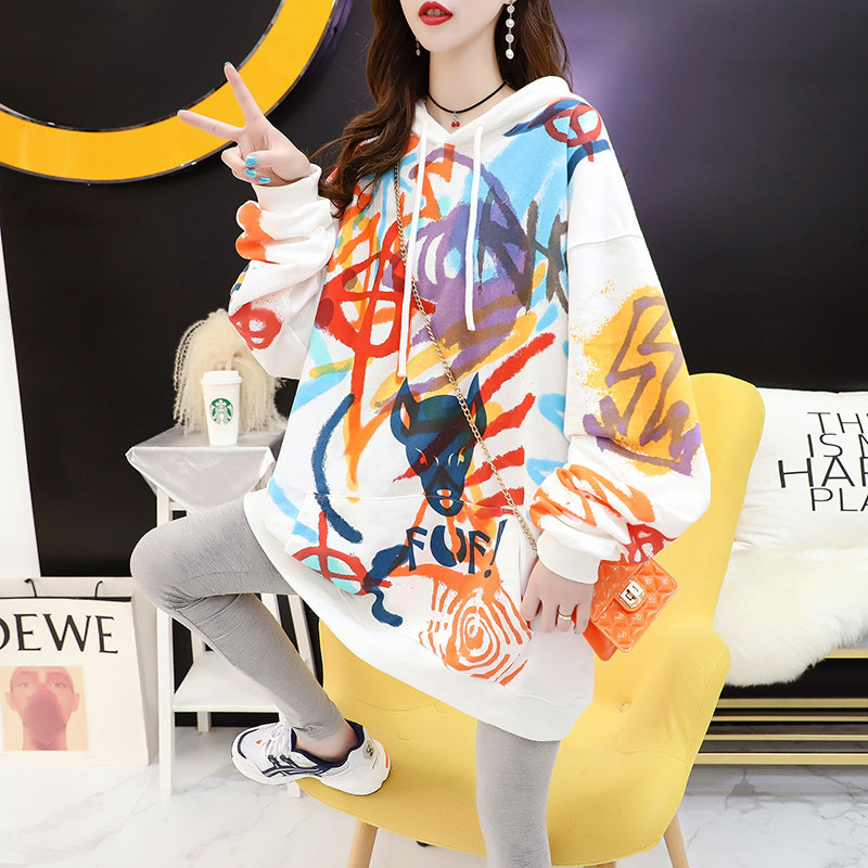 Hong Kong plus size women's net red graffiti hooded mid-length sweater Korean version loose ins trendy super hot top coat