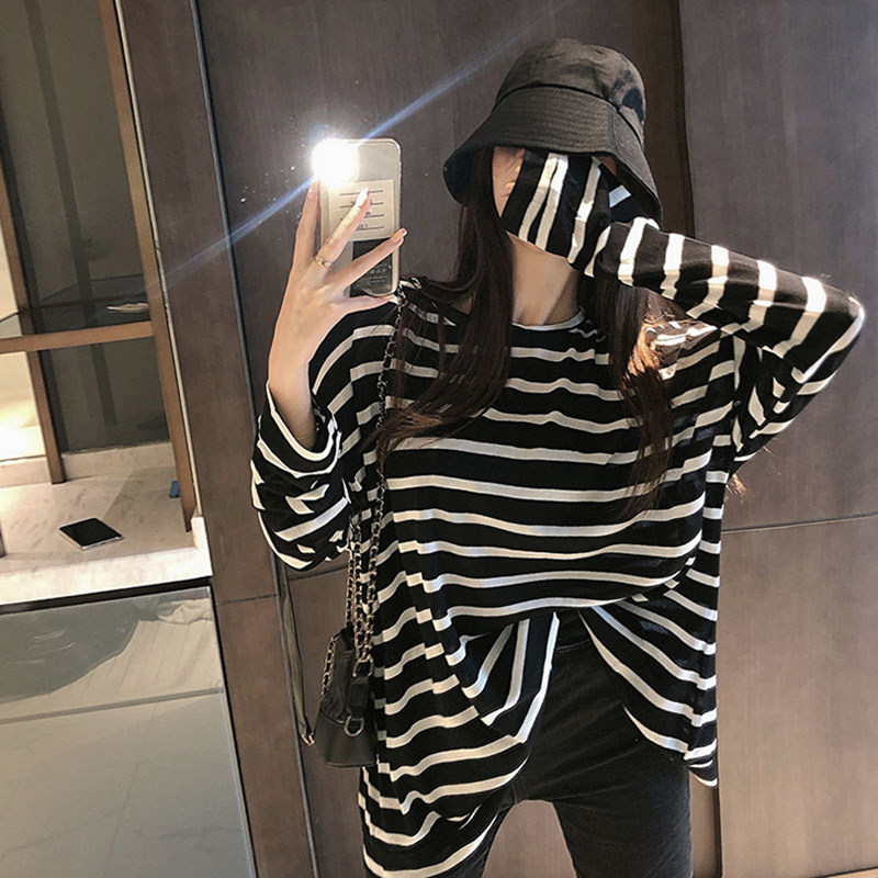 European station white striped long-sleeved t-shirt women's loose 2021 new spring and autumn mid-length round neck inner top