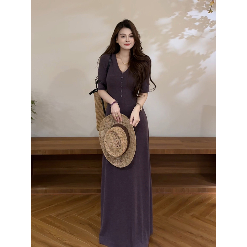 Daitingting Summer New V-Neck Purple Mid-Sleeve Waist-Cinching Slimming Elegant Long Dress Women's Dress Dt2266 Daitingting Summer New V-Neck Purple Mid-Sleeve Waist-Cinching Slimming Elegant Long Dress Women's Dress Dt2266