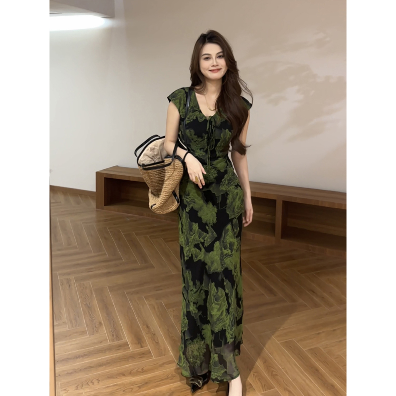 Daitingting Summer New Vintage Print Waist-Slimming Tie-Up Elegant Long Dress Dt2105