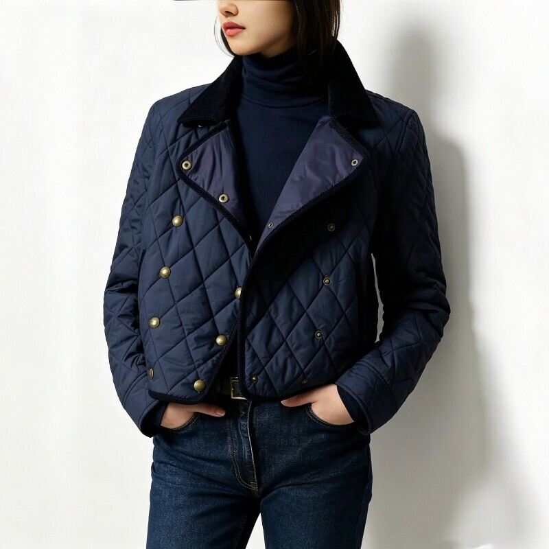 Nanyou Niche American Old-Money Style Autumn and Winter Corduroy Lapel Lightweight Double-Breasted Quilted Jacket Short Coat