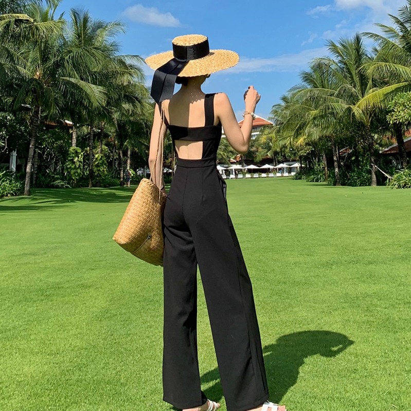 Women's Jumpsuit with a Holiday Style, Black High-Waisted Wide-Leg Backless Elegant Jumpsuit, Loose Straight-Leg Overalls