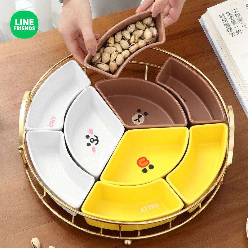 LINE Brown bear cartoon ceramic reunion platter tableware combination Chinese New Year round table plate set snack fruit plate