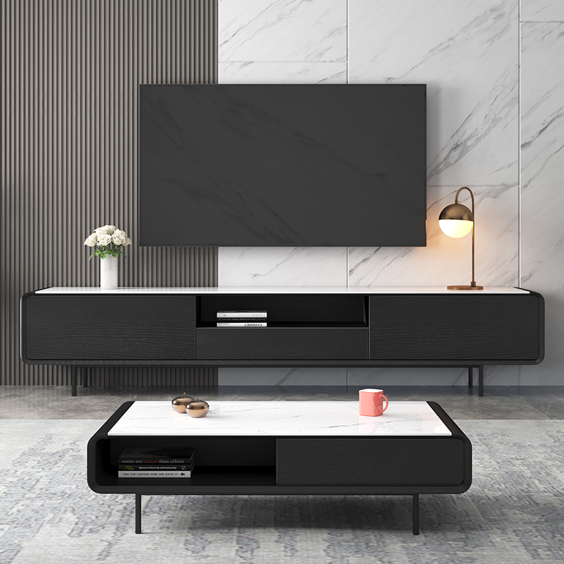 Slate TV cabinet coffee table combination modern minimalist small apartment Nordic pure black Italian minimalist iron foot floor cabinet