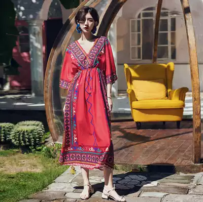Thai national style sand beach dress female summer new seaside vacation thin tourism red bohemian long skirt