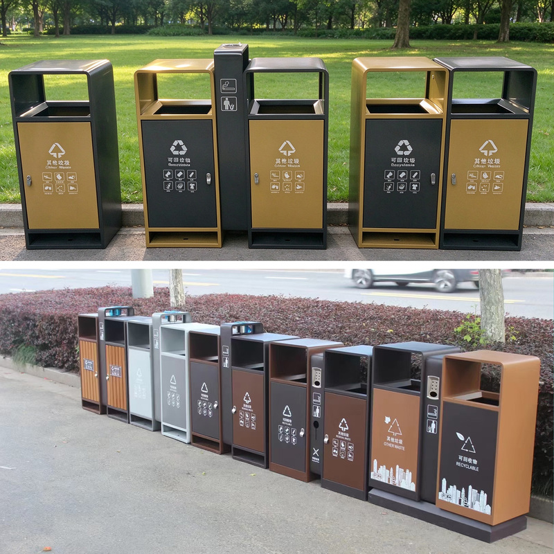 Outdoor Classified Trash Bins, Metal Windproof Vertical Bins, Park Multi-Category Eco-Friendly Double-Bin Trash Cans, Factory Ready-Stock Trash Bins