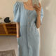 Korean chic spring retro slim square collar single-breasted loose double-pocket puff sleeve denim dress women