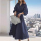 Korean chic spring niche high-end stand-up collar waist slimming puff sleeve zipper solid color dress long skirt for women