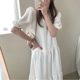 Korean chic summer elegant V-neck pleated design loose solid color versatile puff sleeve dress for women