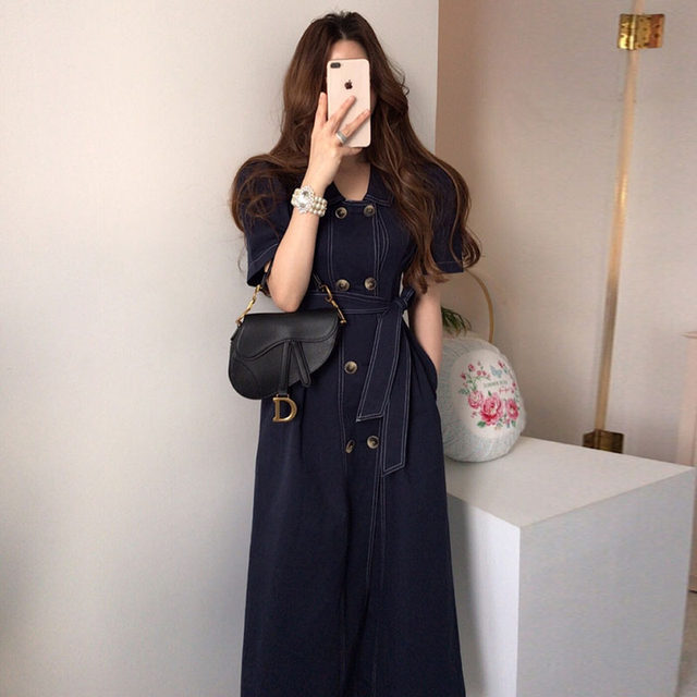 Korean chic summer retro lapel double-breasted button top line design tie waist short-sleeved denim dress female