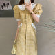 Korean chic gentle age-reducing doll collar bow decoration waist slim puff sleeve plaid dress female