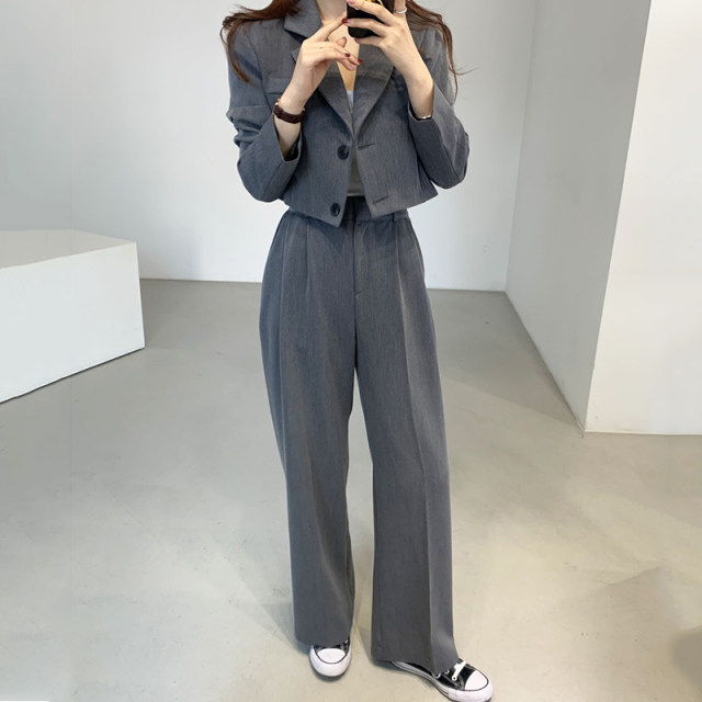 Korean chic autumn French lapel two button small suit jacket + high waist straight casual trousers trousers women