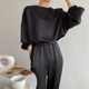 Korean chic simple temperament round neck glossy puff sleeve shirt + high waist leggings casual pants trousers suit