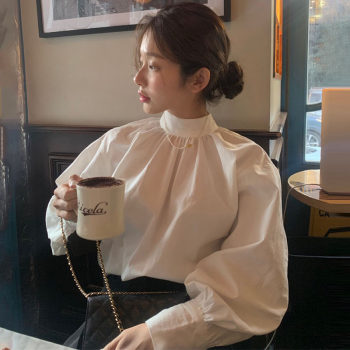 Korean chic minimalism temperament stand-up collar back single-breasted design loose lantern sleeve shirt top women