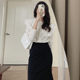 Korean chic spring sweet ruffled doll collar long-sleeved shirt + high waist bag hip fishtail skirt suit