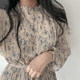 Korean chic gentle and elegant stand-up collar fungus lace-up waist slimming trumpet sleeve pleated floral dress for women