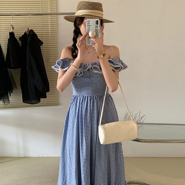 Korean chic summer French sweet U-neck lace plaid stitching ruffles flying sleeves dress female