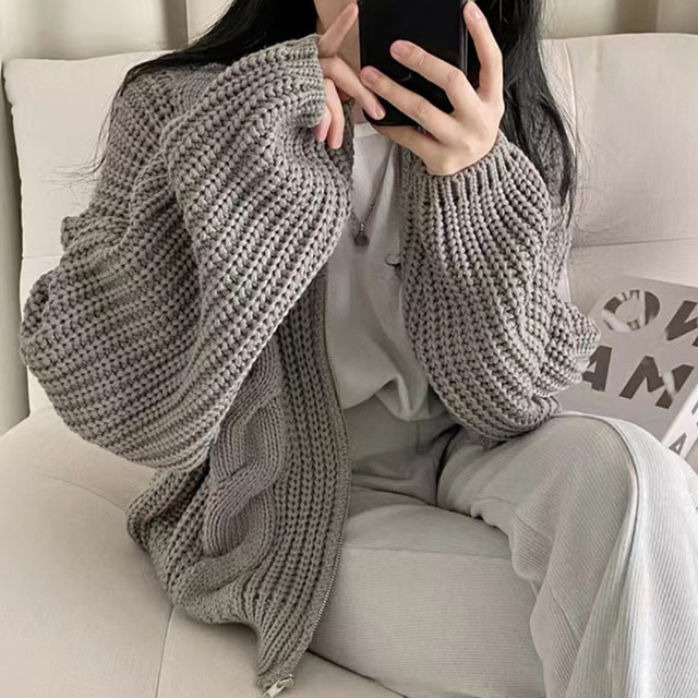 Korean chic autumn and winter all-match lazy wind round neck zipper linen pattern design loose long-sleeved knitted sweater jacket