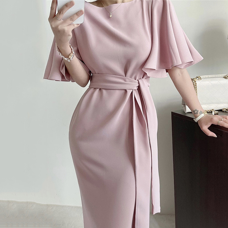 Pinkthe republic of korea chic French grace Crew neck Frenulum Close your waist Self cultivation Show thin Buttocks Over the knee have more cash than can be accounted for Lotus leaf sleeve Dress