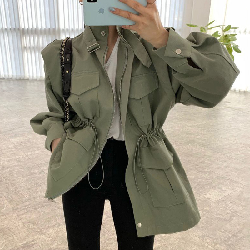 Greenthe republic of korea chic Retro Versatile stand collar Multiple pockets Drawstring Close your waist Show thin puff sleeve Medium and long term work clothes loose coat female