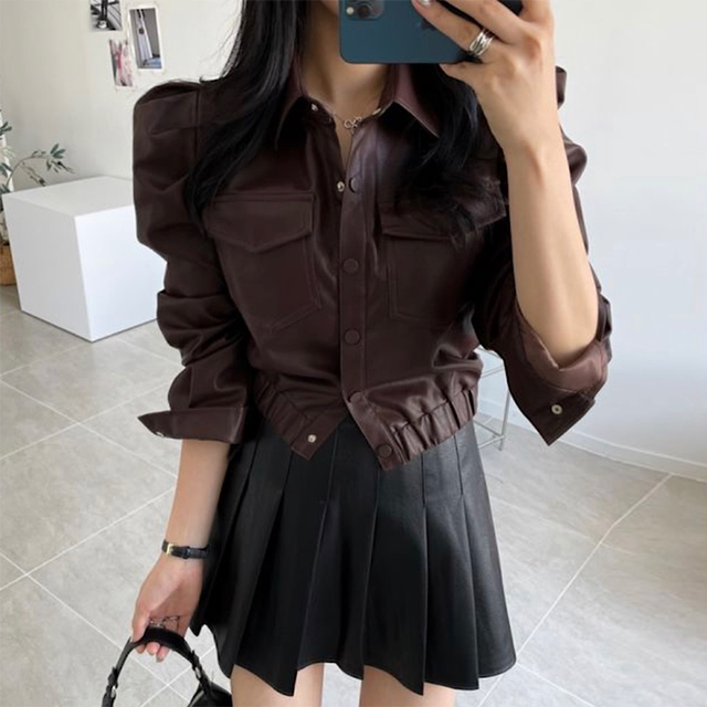 Korean chic retro lapel single-breasted double-pocket leather jacket + high waist pleated skirt short skirt suit